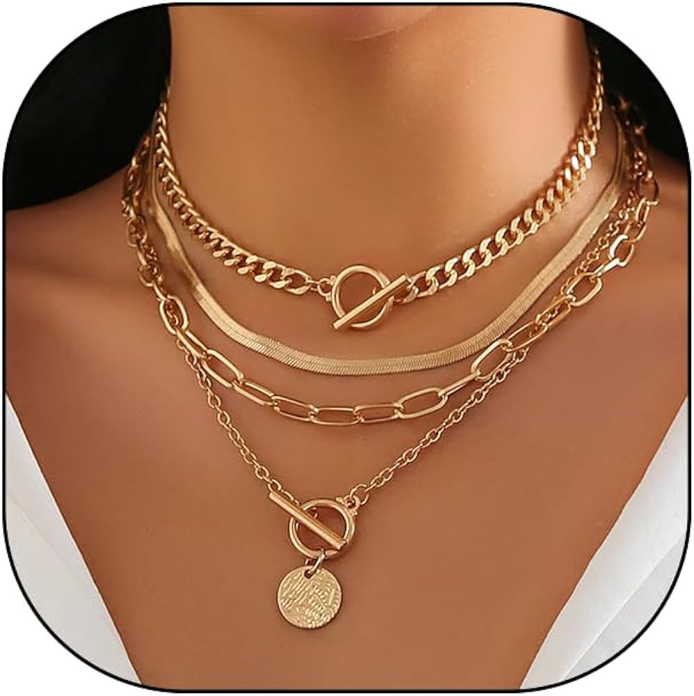 Rrdaily Gold Layered Stack Necklace Set for Women, Retro Thick Cuban Chain Coin Medallion Pendant... | Amazon (US)
