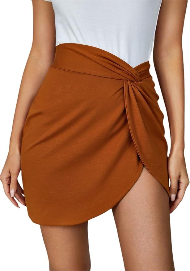 SheIn Women's Sexy Twist Side Asymmetrical Hem Split Thigh Solid Long Skirt | Amazon (US)