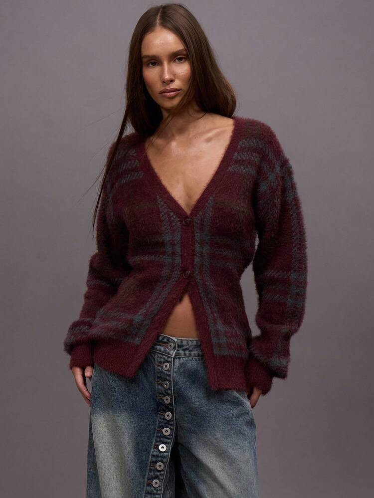 Fluffy Knit Checkered Oversized Cardigan  | SHEIN