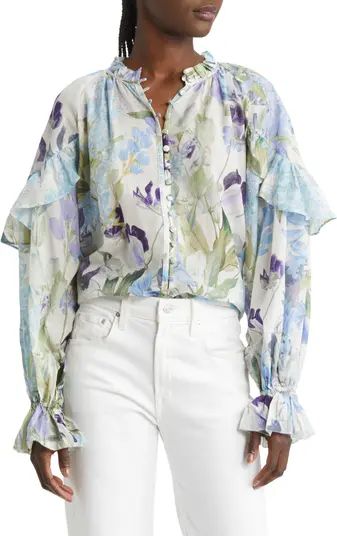 Floral Ruffle Sleeve Cotton & Mulberry Silk Blouse | Nordstrom