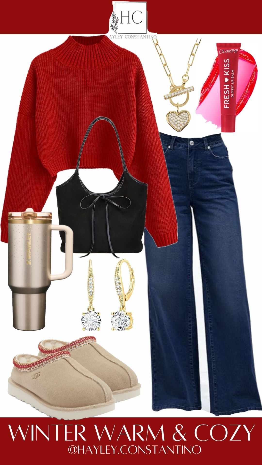 This Winter Warm & Cozy outfit is the perfect blend of comfort, style, and effortless everyday glam. The bold cherry-red chunky knit sweater brings instant warmth and that pop-of-color confidence every woman loves in the colder months. Paired with dark-wash wide-leg denim, it creates a flattering, relaxed silhouette that feels chic without even trying.
The UGG mules  add that dreamy, cushioned comfort we all crave—perfect for school drop-offs, coffee runs, or lunchtime dates while still looking cute. A sleek black bow-detail tote ties the whole look together with a feminine touch.
Gold jewelry—sparkling drop earrings and a heart charm chain necklace—elevates the outfit just enough, while the ColourPop Fresh Kiss gloss adds a juicy, winter-perfect lip. And of course, the Stanley tumbler keeps your drink hot while matching the cozy aesthetic.
In short: it’s warm, stylish, practical, and polished—everything you want in a go-to winter outfit. Women will love how easy it is to throw on and instantly feel put-together.

#LTKootd #LTKmomlife #LTKOver40
