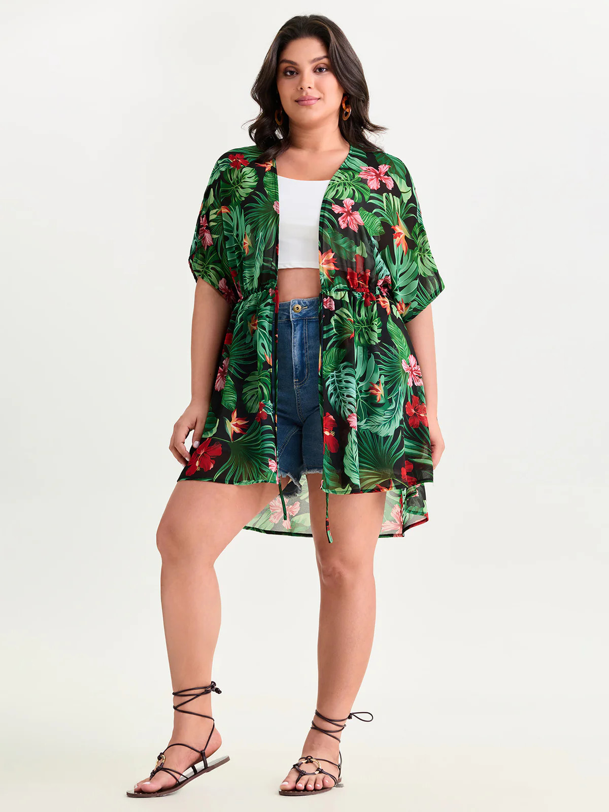 Tropical Floral Print Front-Tie Kimono | Bloomchic
