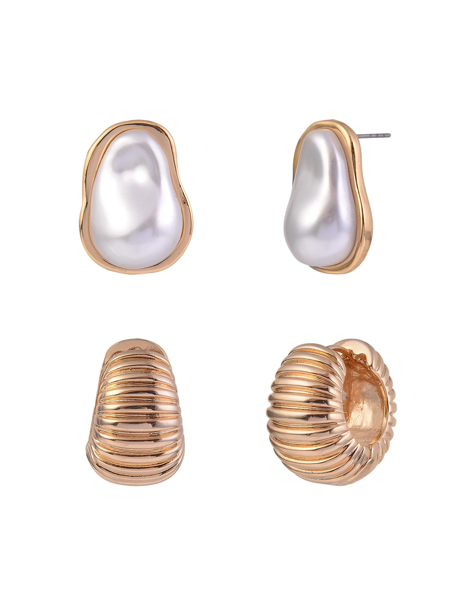 Time and Tru Women's Textured Huggie and Wavy Acrylic Pearl Goldtone Post 2pc Earring Set | Walmart (US)