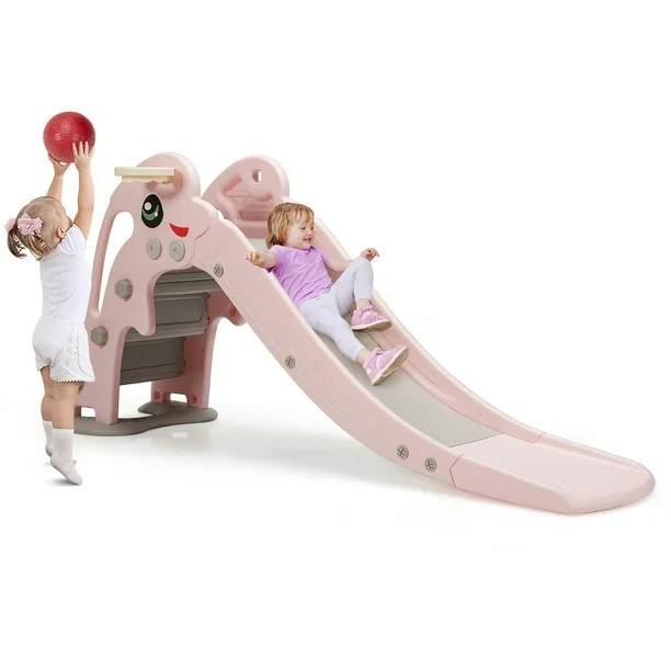 Costway 3-in-1 Kids Climber Slide Play Set w/Basketball Hoop Indoor & Outdoor Pink\Green | Walmart (US)