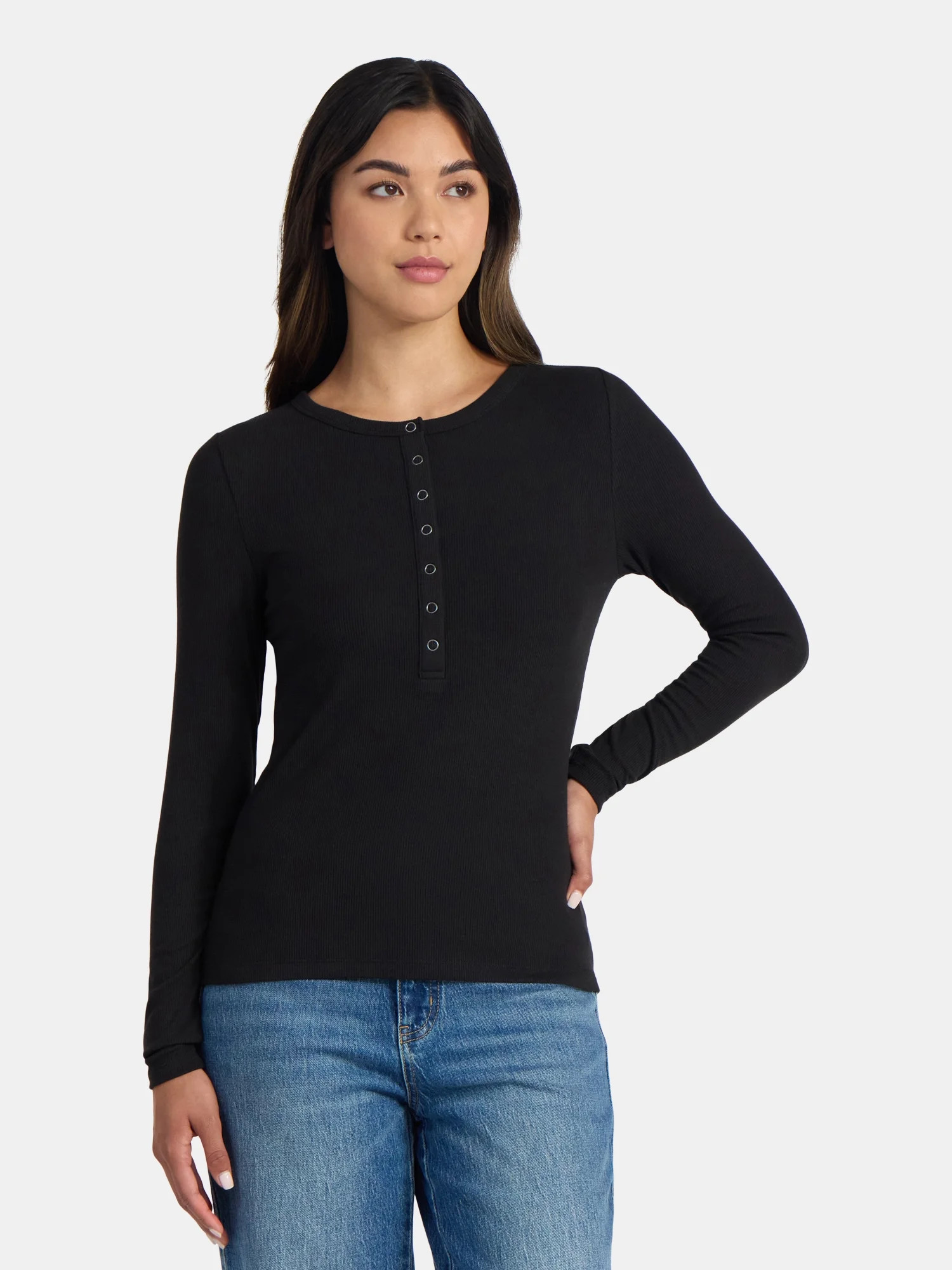 Time and Tru Women's Ribbed Henley Shirt with Long Sleeves, Sizes XS-XXXL | Walmart (US)