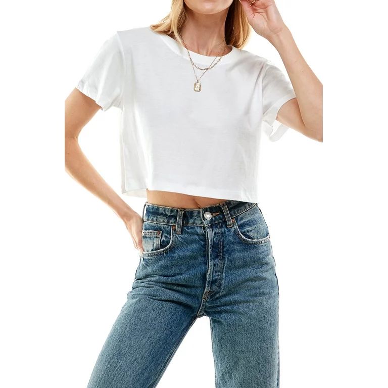 Women's Boxy Crop Top Round Neck Short Sleeve Casual 100% Cotton Cropped Tee T-Shirt (X-Lage, Whi... | Walmart (US)