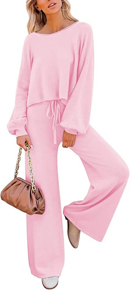 Pink Queen Women's 2 Piece Outfit Sweater Set Long Sleeve Crop Knit Top and Wide Leg Long Pants S... | Amazon (US)