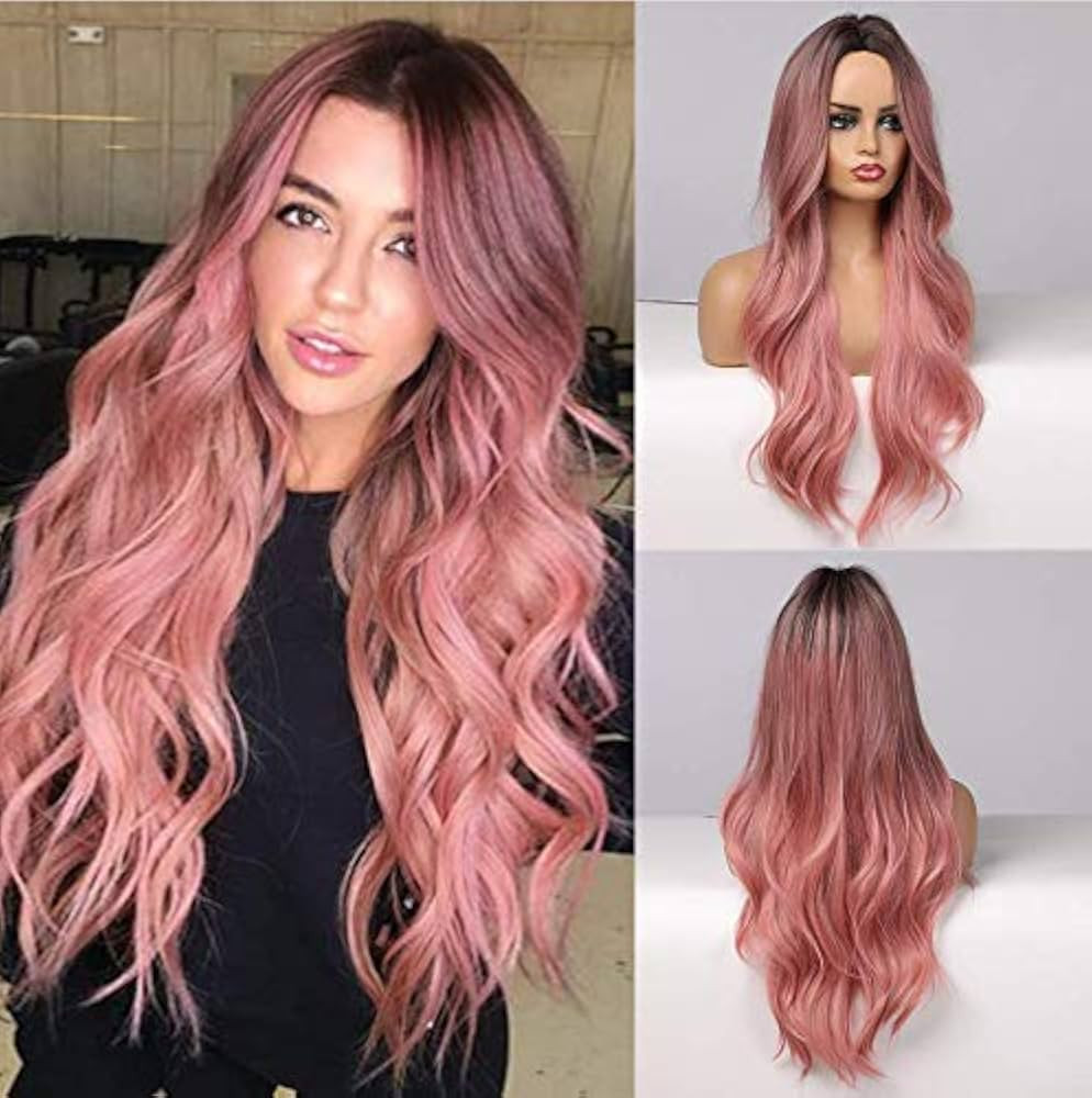 Pink Wigs For Women Wig Ombre Long Natural Hair Color Middle Part 24 Inch Heat Resistant (PINK)... | Amazon (US)