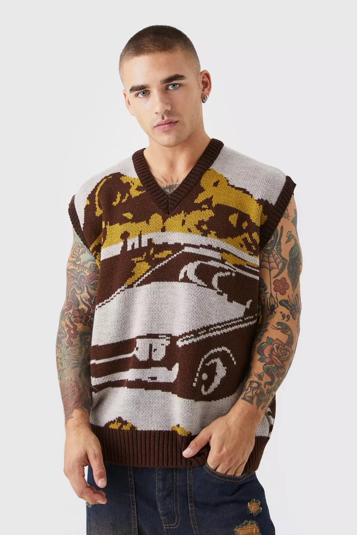 Graphic Scenic Knitted Vest | Boohoo.com (UK & IE)
