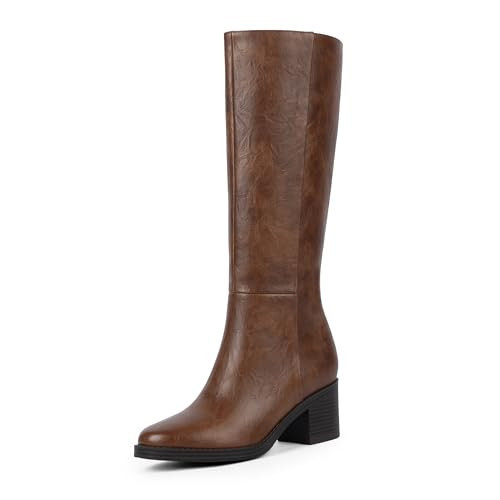 Easyfox Brown Tall Boots for Women Chunky Heel Brown Knee High Boots Low Heeled Long Leather Boot Round Toe Dress Block Heel High Boot Size 8.5 | Amazon (US)