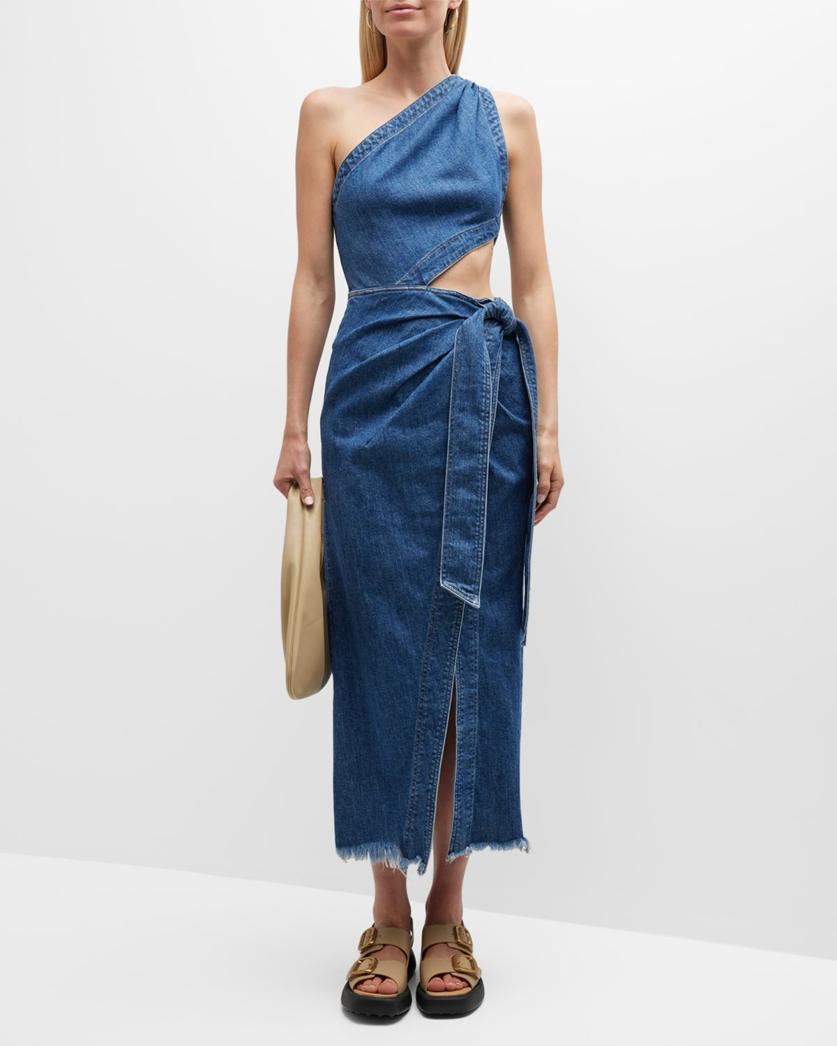 Doran Denim One-Shoulder Cutout Midi Wrap Dress | Neiman Marcus