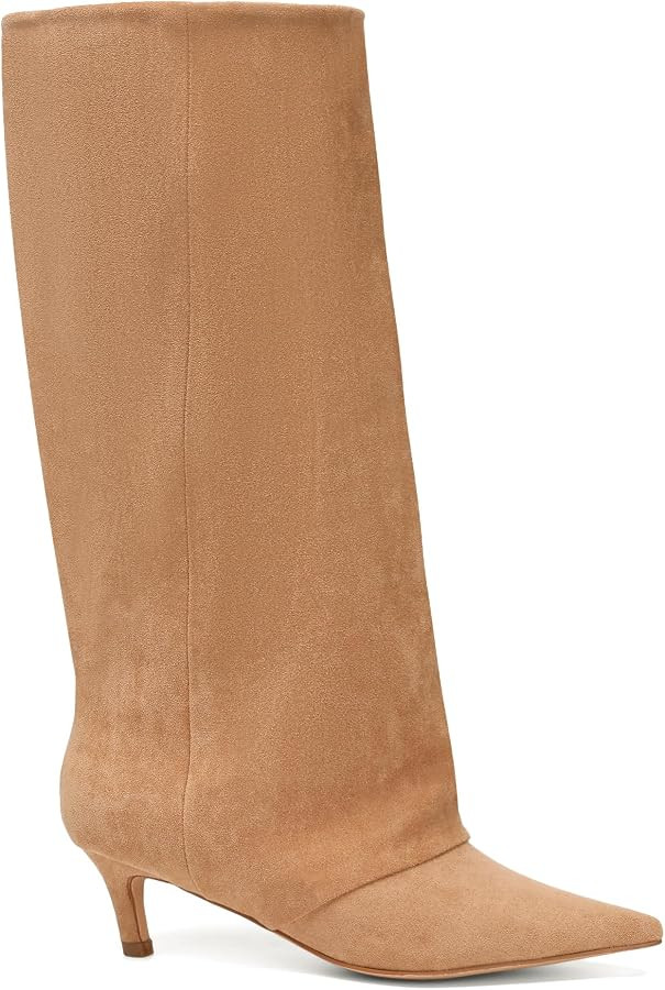 Brown Suede Knee High Boots for Women Comfortable Pull on Pointed Toe 2 Inch Kitten Heel Fold Ove... | Amazon (US)
