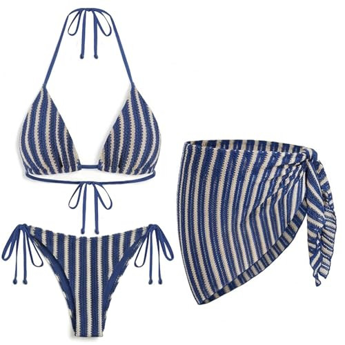 Amazon.com: Blue Women's 3 Piece Sexy Triangle Crochet Bikini Set - Halter Tie Side Swimsuit with... | Amazon (US)