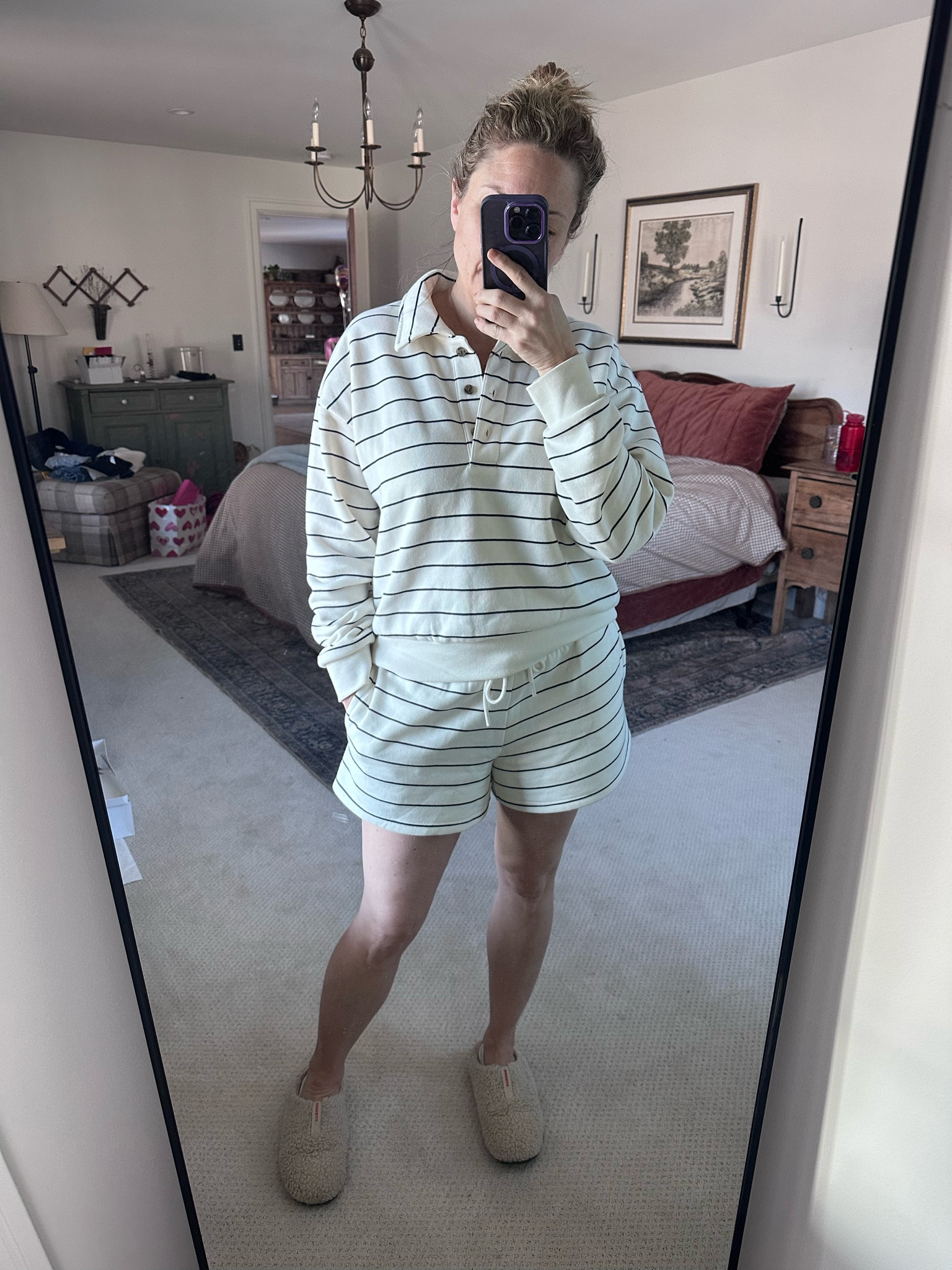 Target, Women's Leisure Studio Mid-Rise Fleece Shorts - Universal Thread, striped lounge set, Women's Leisure Studio Long Sleeve Fleece Polo Shirt - Universal Thread

#LTKOver40 #LTKStyleTip #LTKFamily