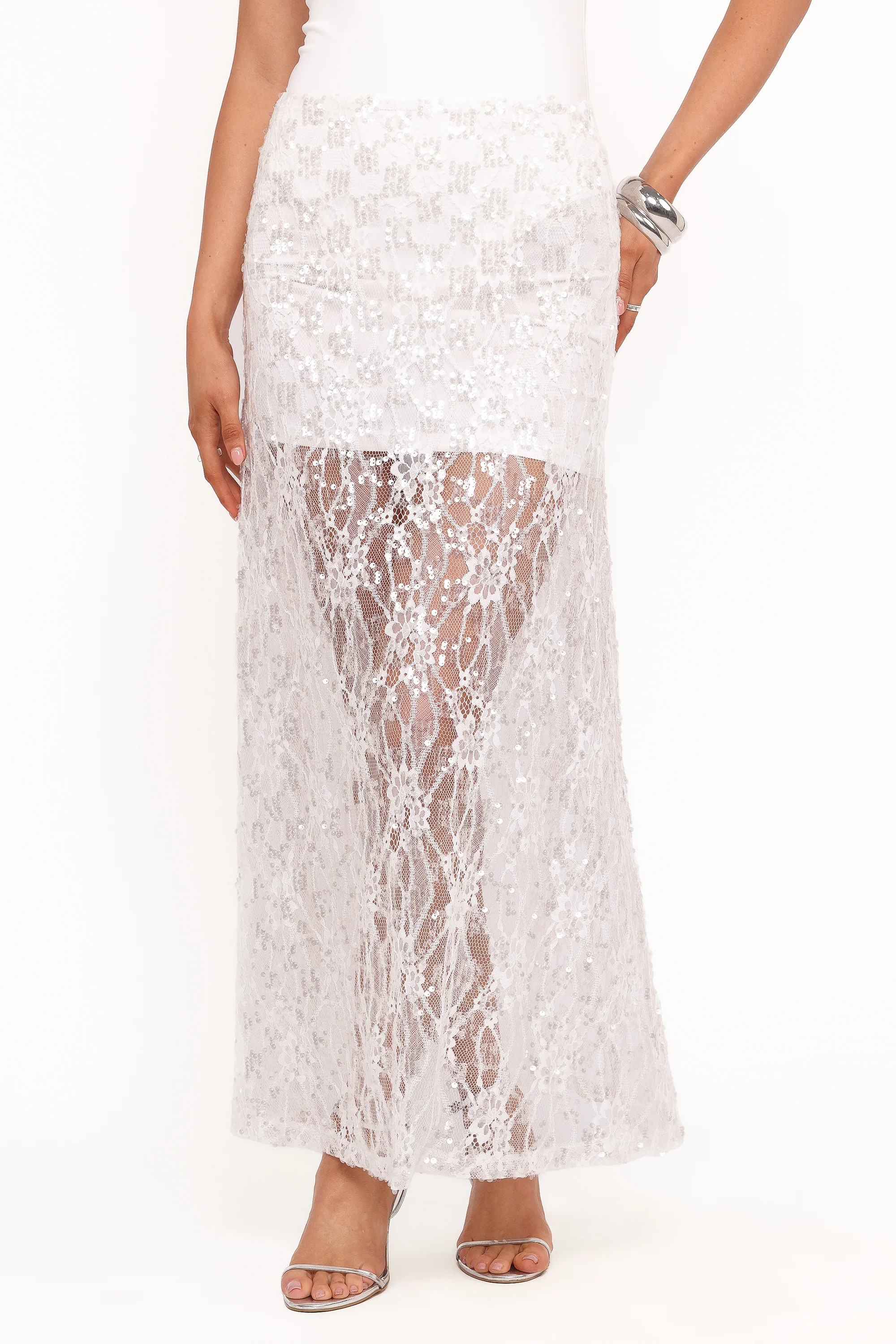 Yonder Sheer Panel Lace Maxi Skirt - White | Petal & Pup (US)
