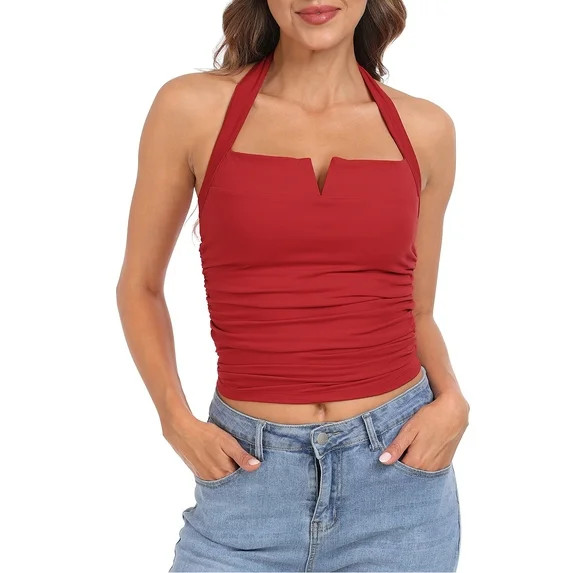 HDE Women's Halter Top with Built in Bra Basic Summer Tops Red XL | Walmart (US)