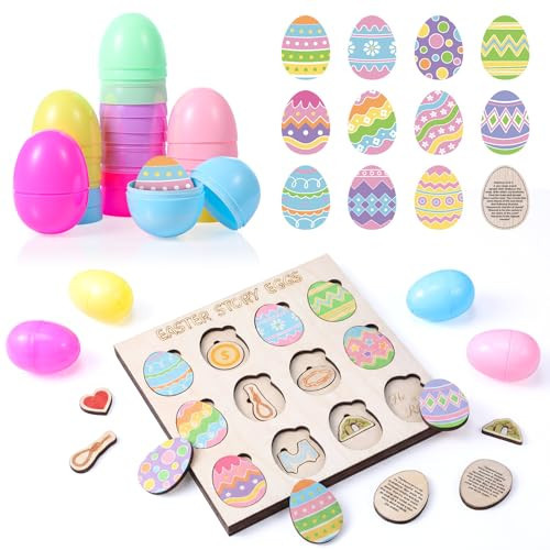 Ceenna Easter Story Egg Game Set with Wooden Board, 12 Egg Cards, 11 Symbolic Puzzle Pieces 12 Plastic Eggs, Interactive Resurrection Learning Activity for Kids Multi-layer Faith Based Easter Gift Set | Amazon (US)