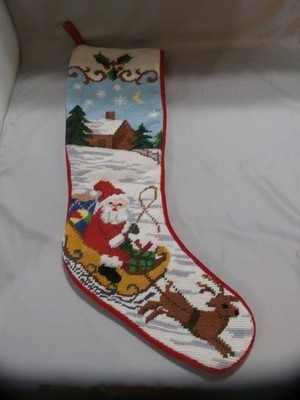 Needlepoint Christmas Stocking Santa in His Sleigh with Reindeer 17 1/4" Long | eBay US