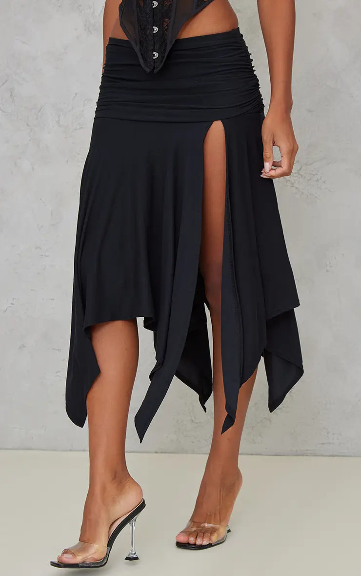 Black Soft Touch Ruched Asymmetric Midi Skirt | PrettyLittleThing UK