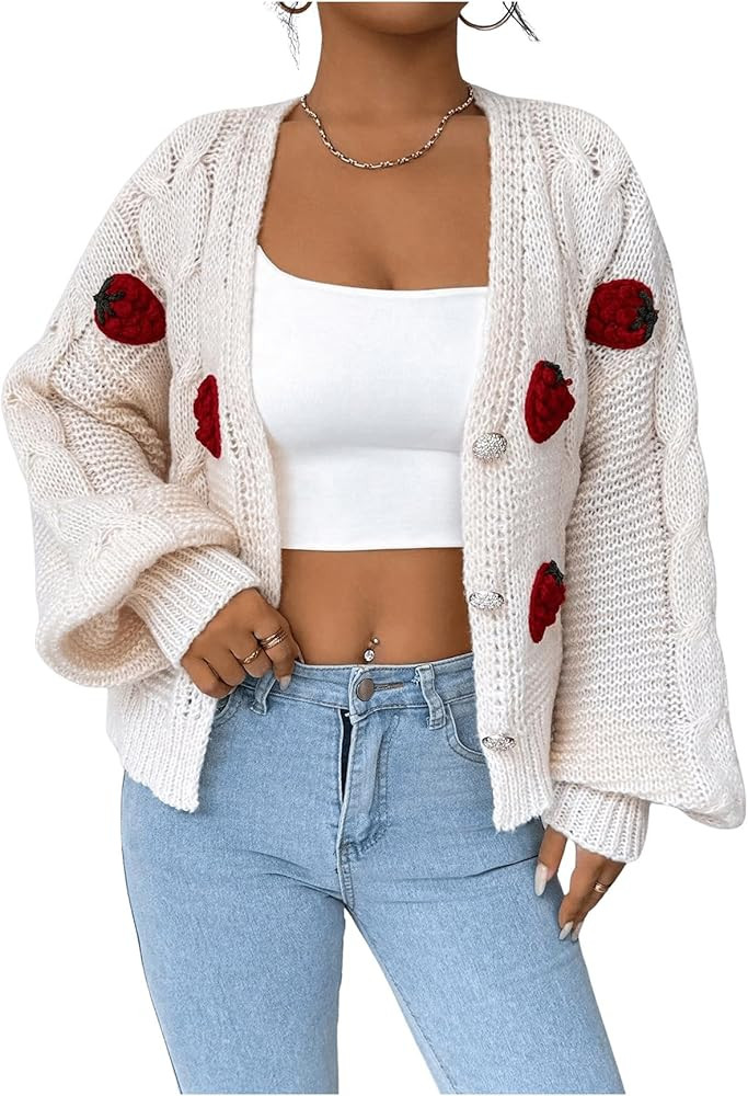WDIRARA Women's Strawberry Embroidery Crop Cardigan Drop Shoulder Button Up Sweater Tops V Neck O... | Amazon (US)