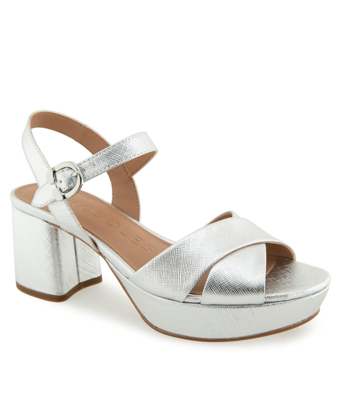 Aerosoles Women's Cosmos Round Toe Platform Sandals - Silver Metallic Textured Faux Leather | Macy's