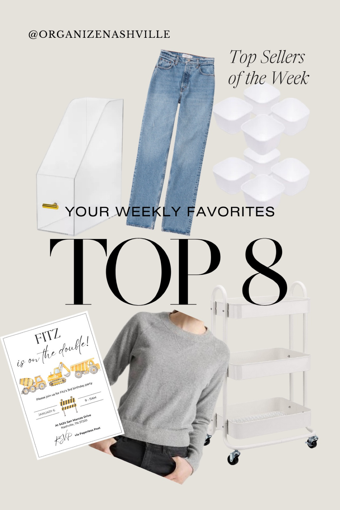 Your favorites from this week | Top Sellers this week // Magic jeans // cashmere sweater by quince // postpartum breastfeeding cart // $2 storage trays // acrylic clear magazine holder // Etsy party invitation for construction rubble birthday party // evereve burnout festive top // west elm lumini dupe rug