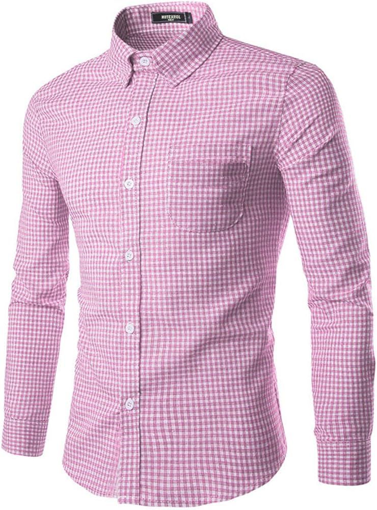 Amazon.com: Men Plaid Cotton Casual Slim Fit Long Sleeve Button Down Dress Shirts Pink : Clothing... | Amazon (US)