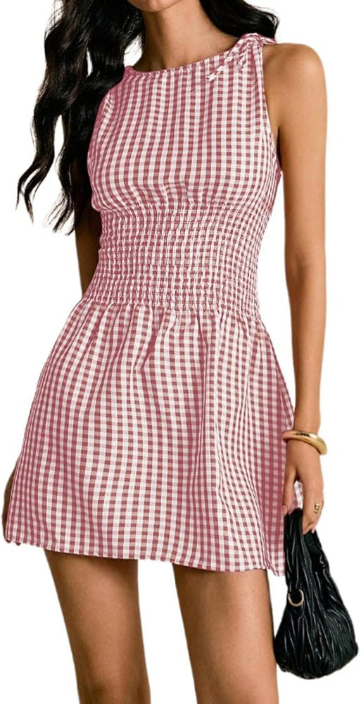 Floerns Women's Gingham A Line Dress Mini Checkered Elegant Dresses | Amazon (US)