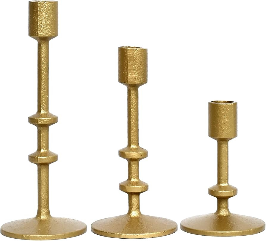 Antique Brass Gold Iron Taper Candle Holder Set of 3 for Vintage Candlestick Holders | Amazon (US)