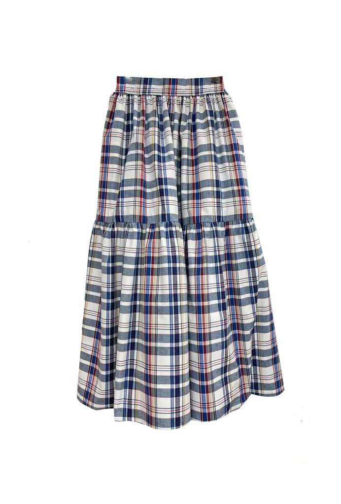 Nat Note Reversible Tiered Skirt - Navy Plaid & Oxford Pinstripe - Final Sale | Shop BURU