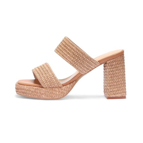 Monrovia Raffia Sandals for Women Brown Heeled Sandals - Slip On Square Open Toe Chunky Platform Heel Double Strap Vacation Summer Beach Shoes,8 | Amazon (US)