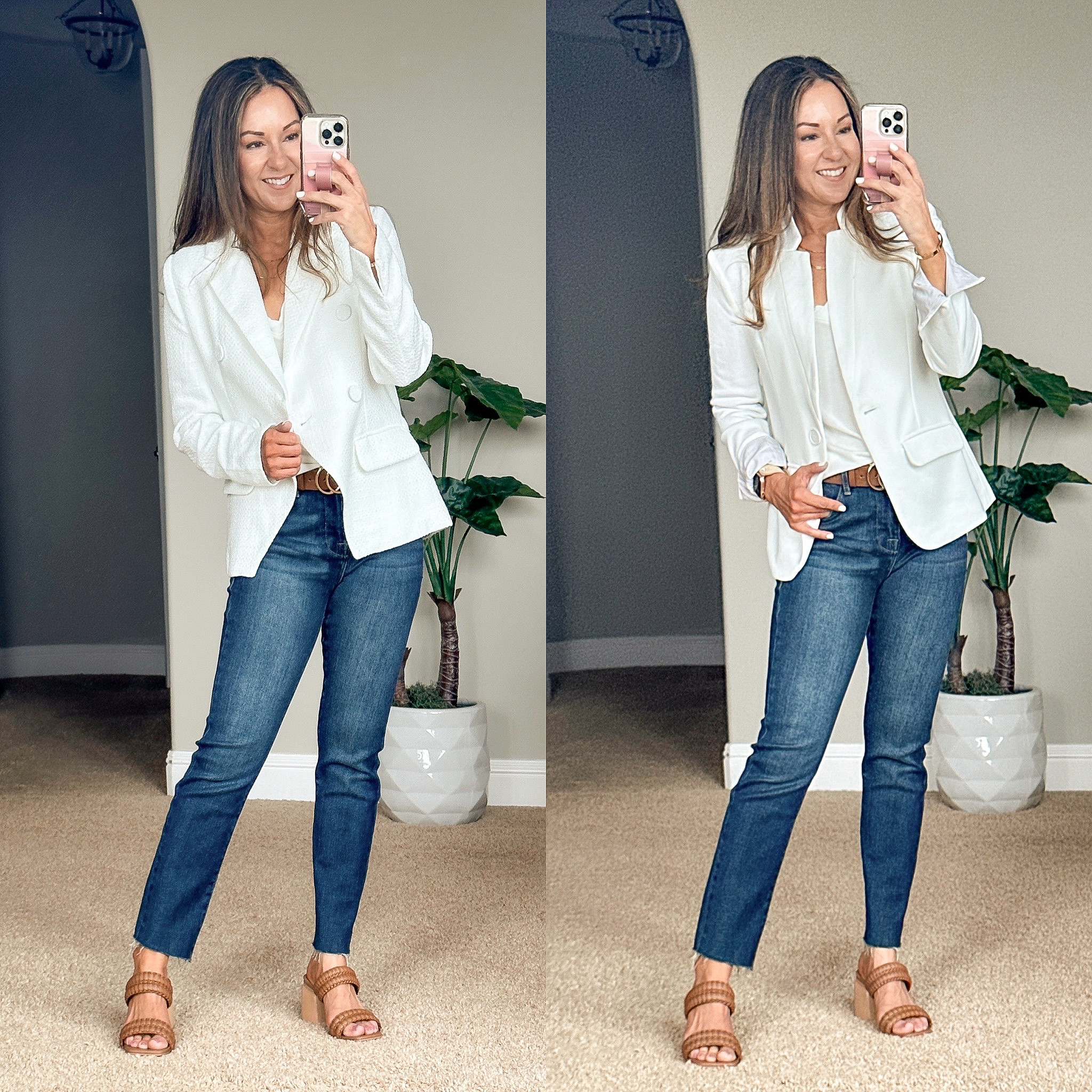 White Blazers from Gibsonlook! Save 10% code HOLLY10
These blazers are truly amazing! They are fully lined. The boucle blazer is size xs and the notch collar blazer is size xxs - this one comes in several colors. 

Mid-rise mini-flare cropped raw hem jeans size 24, runs big, size down one size. 
V-neck top size xxs
Workwear  | office looks | blazer and jeans | date night outfit 

#LTKstyletip #LTKunder100 #LTKsalealert