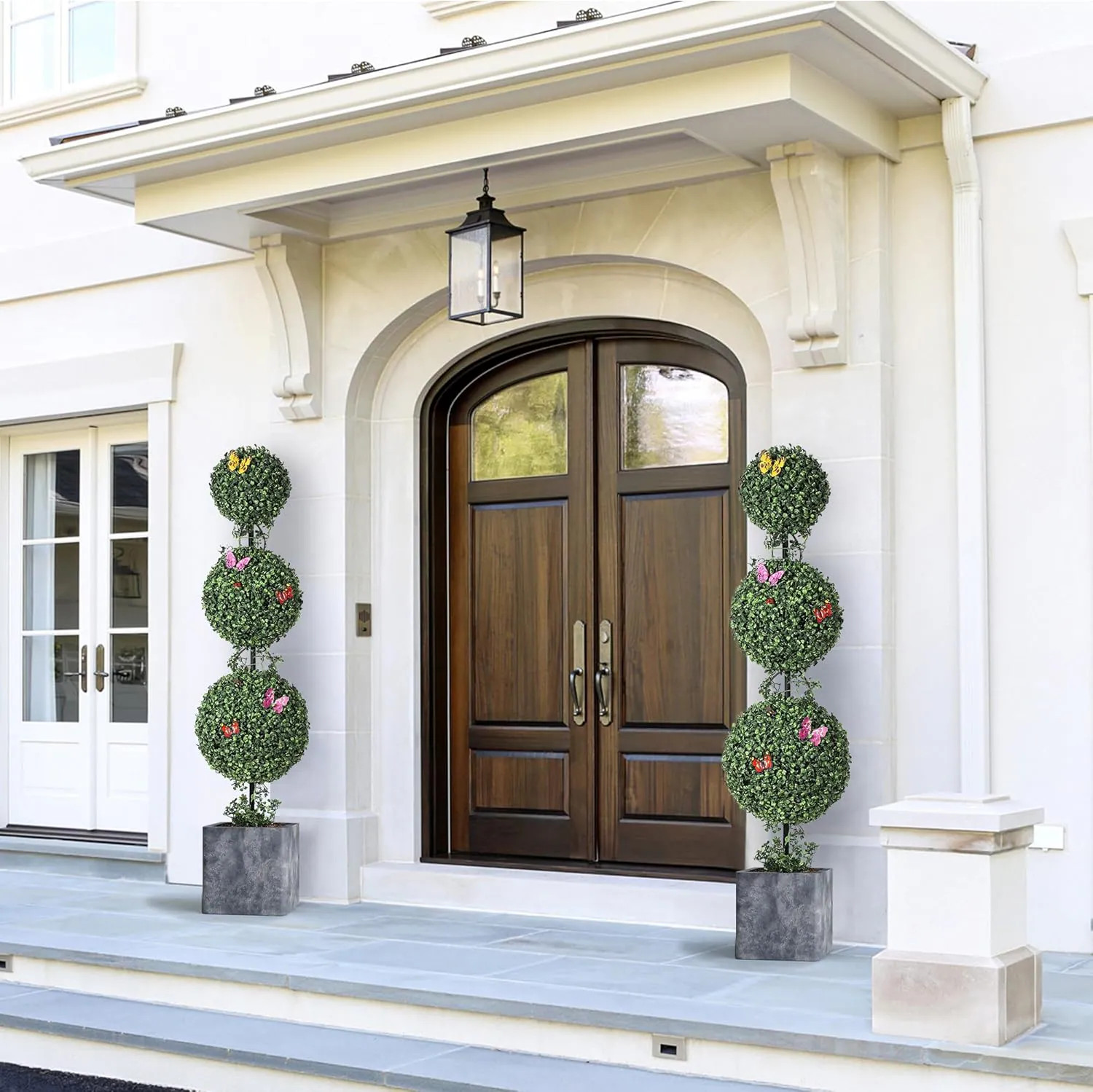 Garvee 4 FT Triple Ball Artificial Topiary Trees Set of 2 with Gray Planter Realistic Faux Shrubs Indoor Outdoor Home Decor one_size | Lowe's