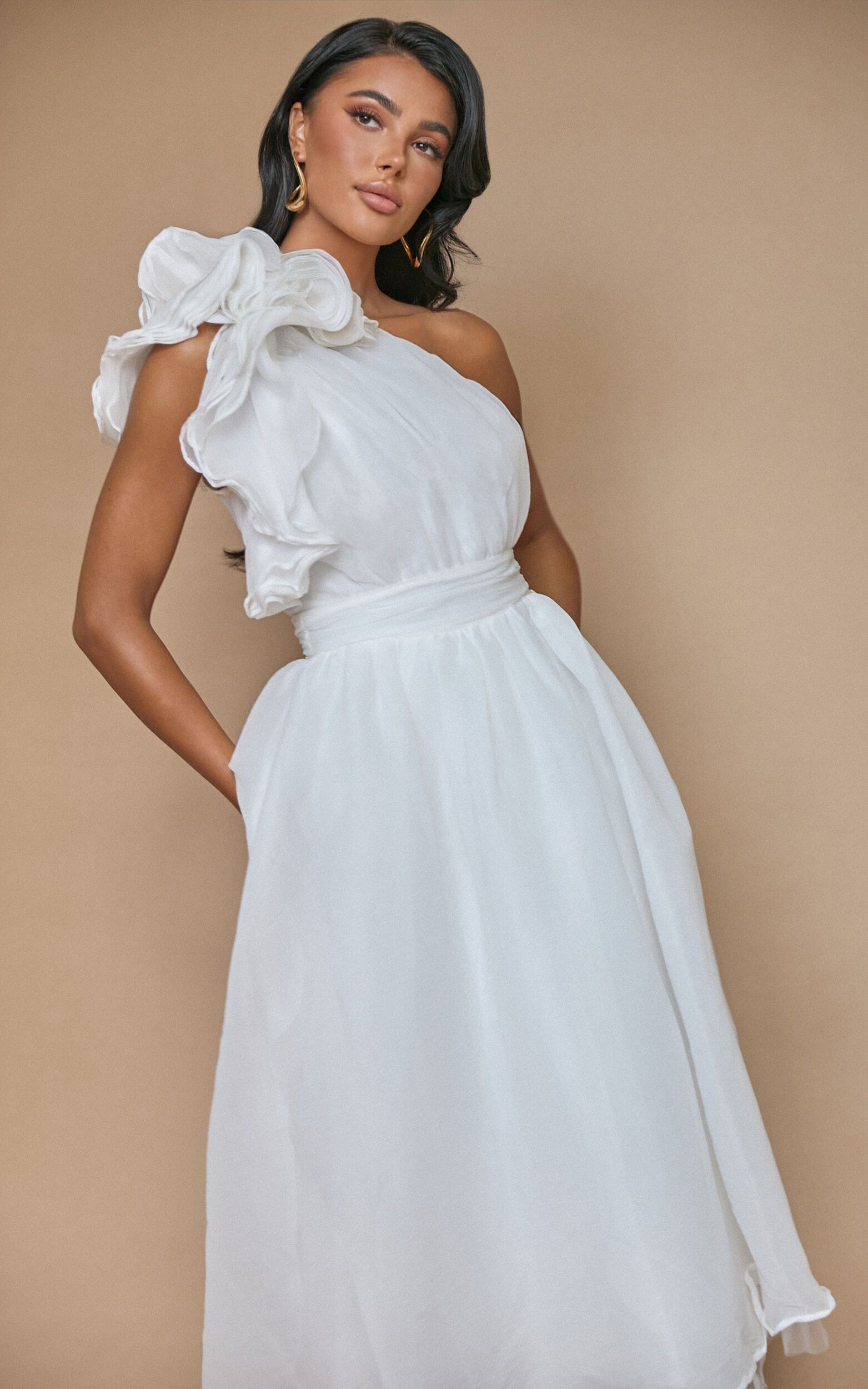 Tia Midi Dress - One Shoulder Frill Detail Fit & Flare Dress in White | Showpo (US, UK & Europe)