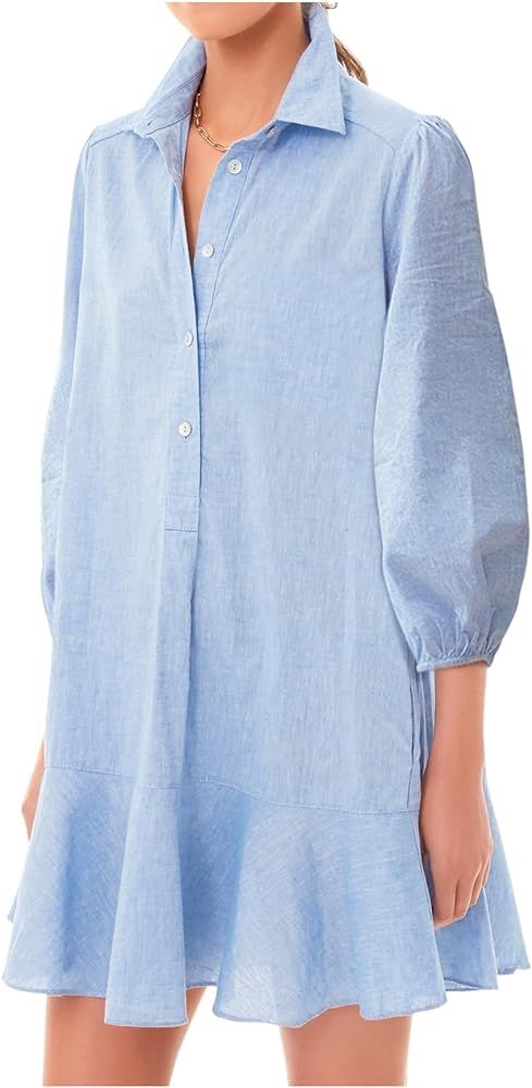 Women Button Down Dress Loose Summer Cotton Linen Dress Ruffle Hem Casual 3/4 Puff Sleeve Tunic S... | Amazon (US)