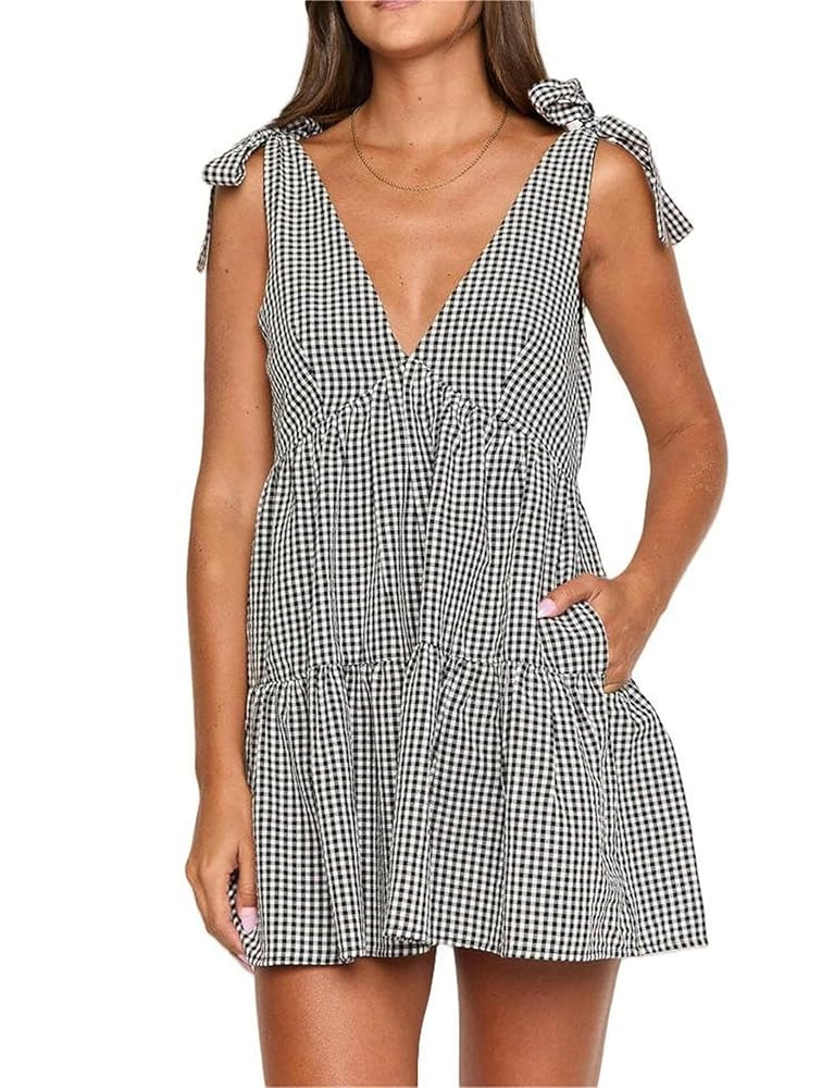 Women Y2k Gingham Smocked Mini Dress, Tie Shoulder V Neck Plaid Babydoll Dress Summer Casual Eleg... | Amazon (CA)
