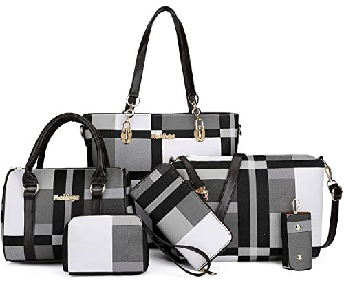 ZiMing 6-Pcs Womens Handbags Tote Bags Shoulder Bag Leather Purses Satchel Bag Top-Handle Handbag Crossbody Bag Wallet Clutch & Wristlet Wallet Purse Set-Gray | Amazon (US)