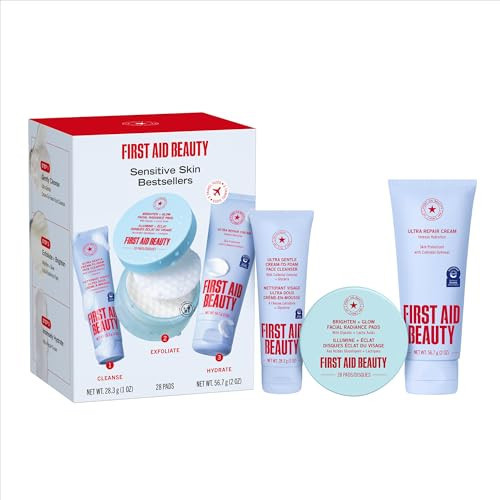 First Aid Beauty Sensitive Skin Skincare Routine Set, Ultra Gentle Cleanser + Facial Radiance Pads + Ultra Repair Cream, Fragrance Free Hydrating & Exfoliating Travel Kit, 3-Piece Gift Set | Amazon (US)
