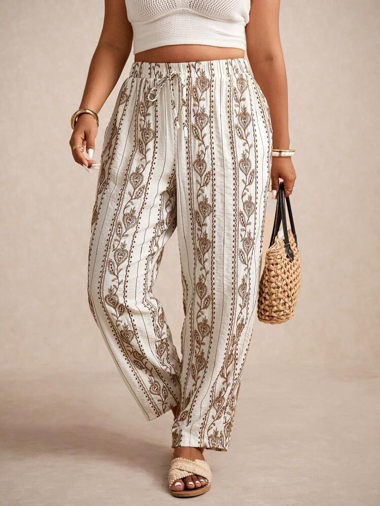 Elaquor Plus Size Casual Plant Pattern Elastic Waist Pants, Suitable For Vacation | SHEIN