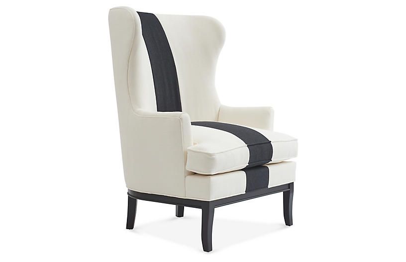 Calhoun Wingback Chair, Black/Ivory Stripe | One Kings Lane