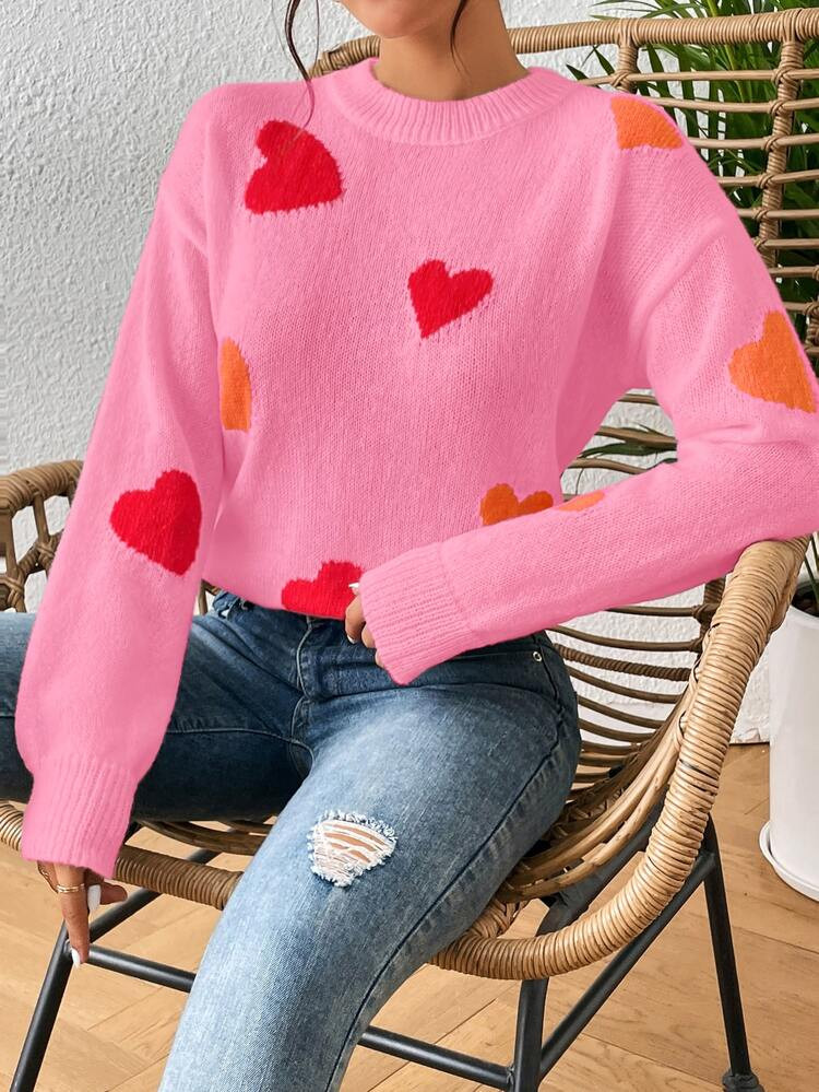 Heart Pattern Drop Shoulder Sweater | SHEIN