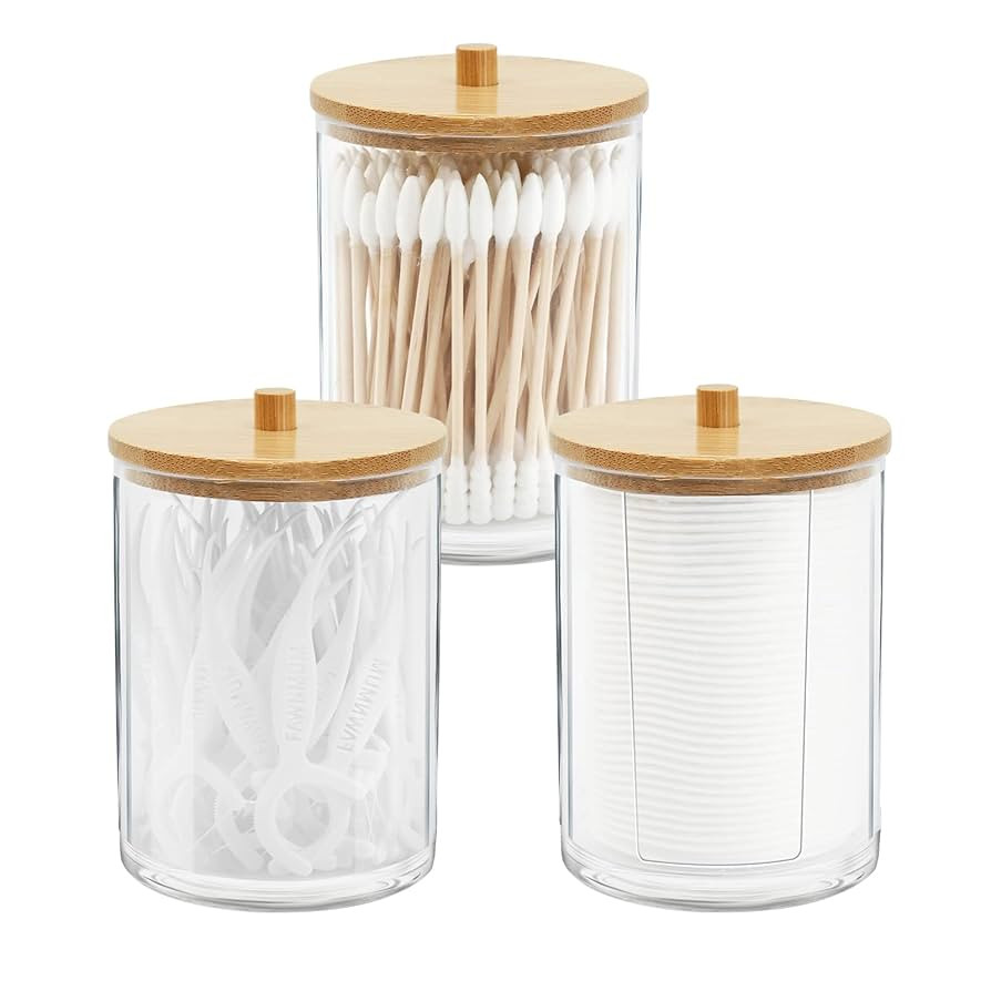 Gukasxi 3 Pieces Acrylic Qtip Holder with Bamboo Lids Bathroom Containers Cans Dispenser Cotton B... | Amazon (DE)