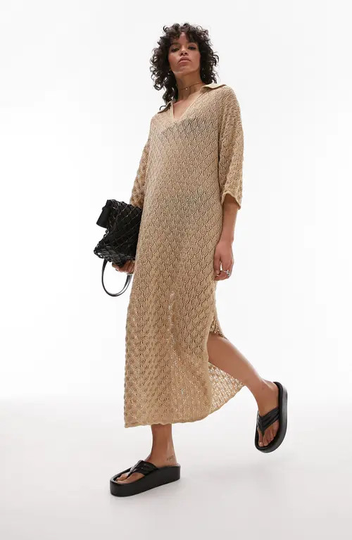 Topshop Pointelle Stitch Polo Sweater Dress in Stone at Nordstrom, Size Small | Nordstrom