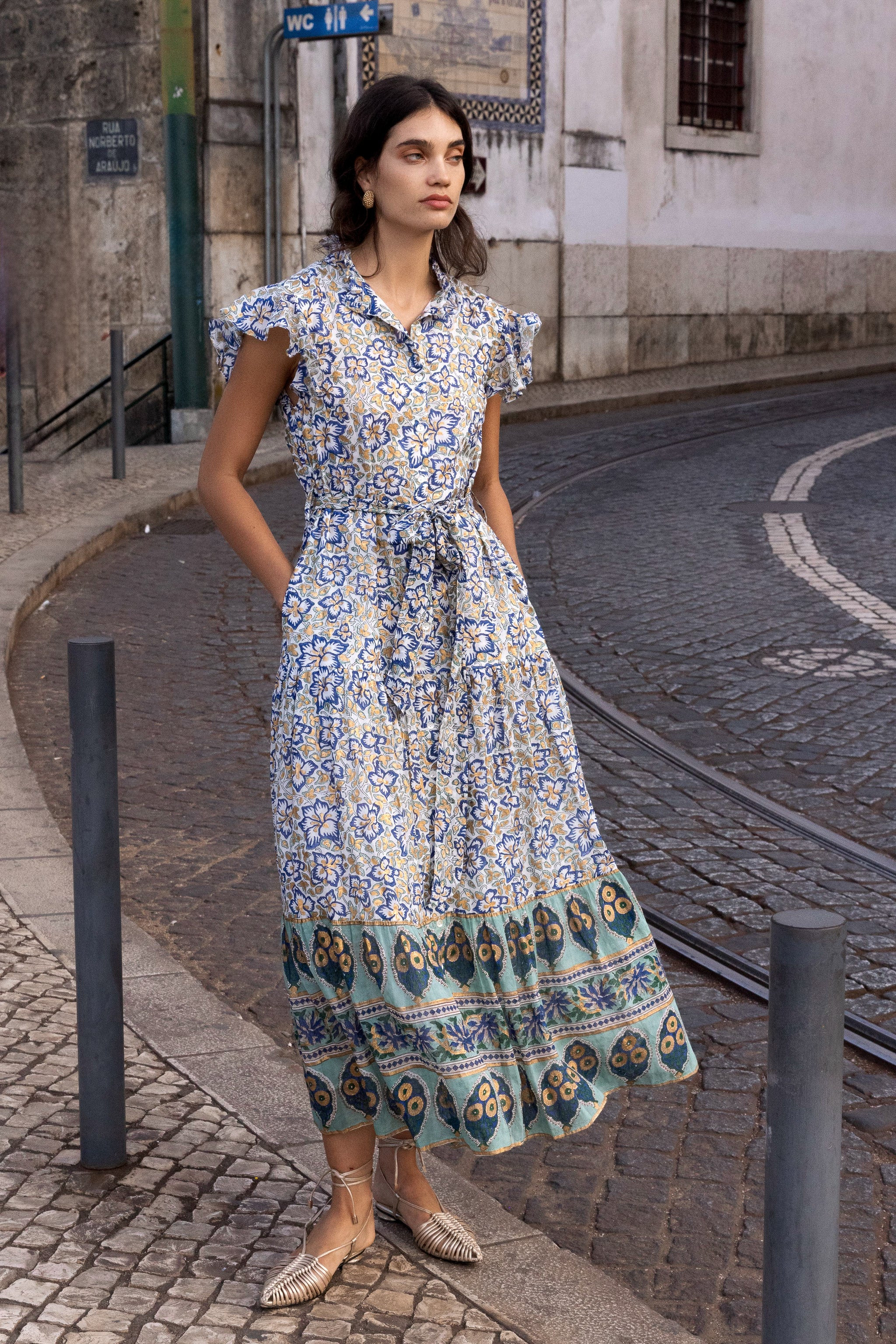 Ruffle Collar Button Maxi- Ivy Cobalt | Oliphant Design