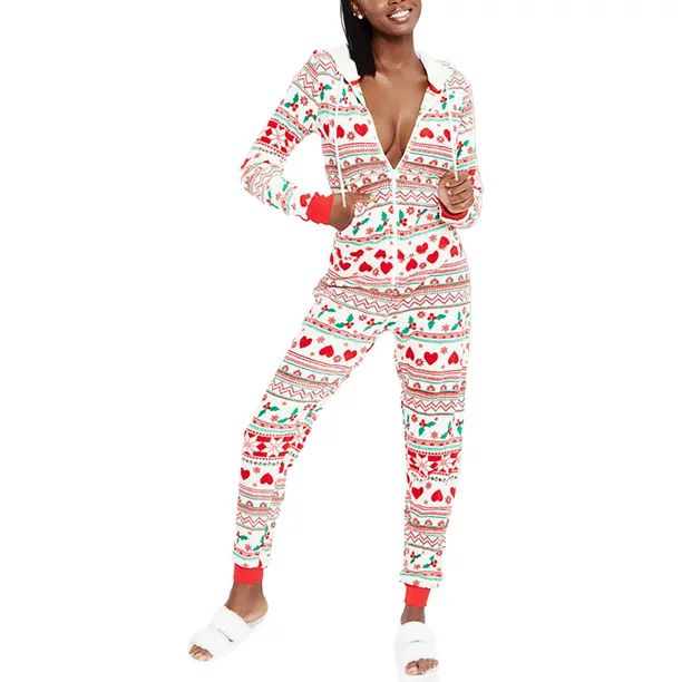 LAPA Women's Holiday Christmas Tree Snowflake Jumpsuit Long Sleeve Onesie Hoodie Pajamas - Walmar... | Walmart (US)