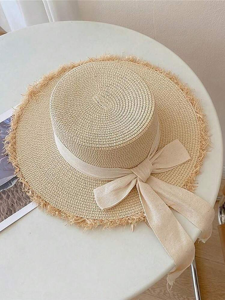 1pc Women's Fashion Straw Hat With Bow Decor, Elegant Bohemian Style Sun Hat For Beach, Travel, Everyday Wear And Party | SHEIN