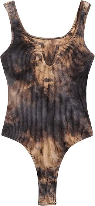 Verdusa Women's Tie Dye Notched Neck Ribbed Skinny Thong Tank Bodysuit Top | Amazon (US)