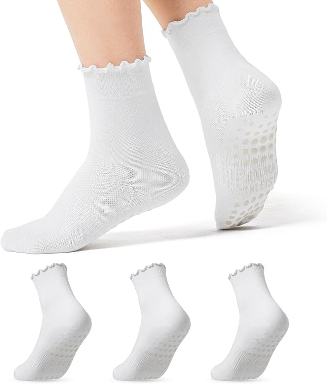 COOLMATE Ruffle Pilates Socks with Grips for Women, Cute Non - Slip Crew Socks for Yoga, Barre, L... | Amazon (US)