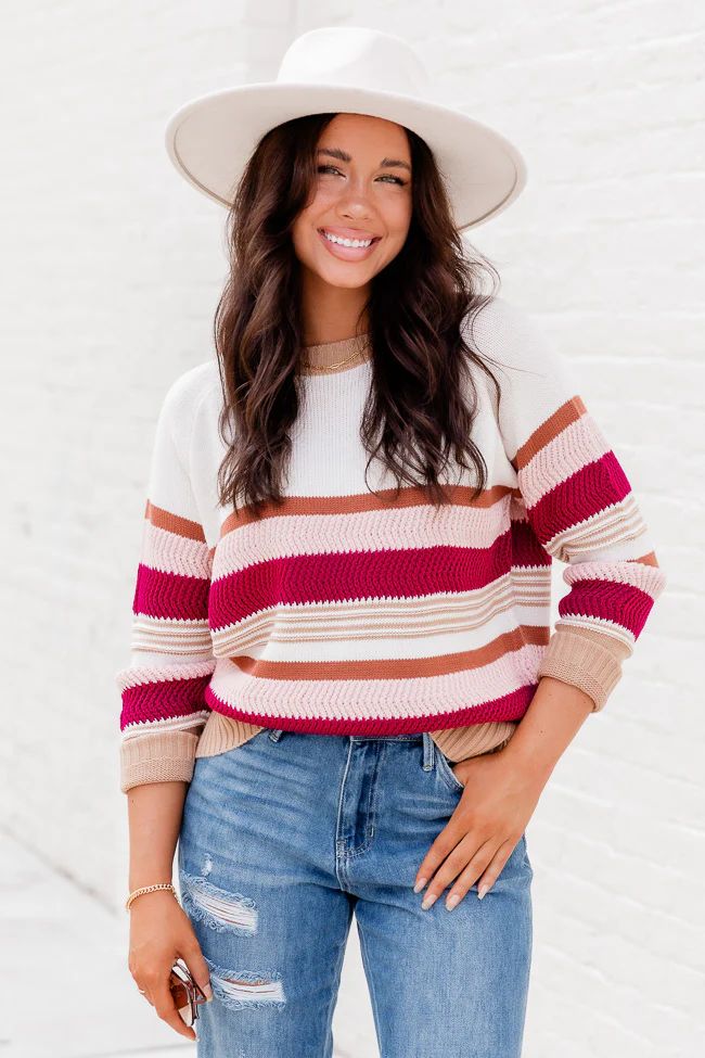 Decisions To Make Burgundy Multi Striped Crew Neck Sweater | Pink Lily