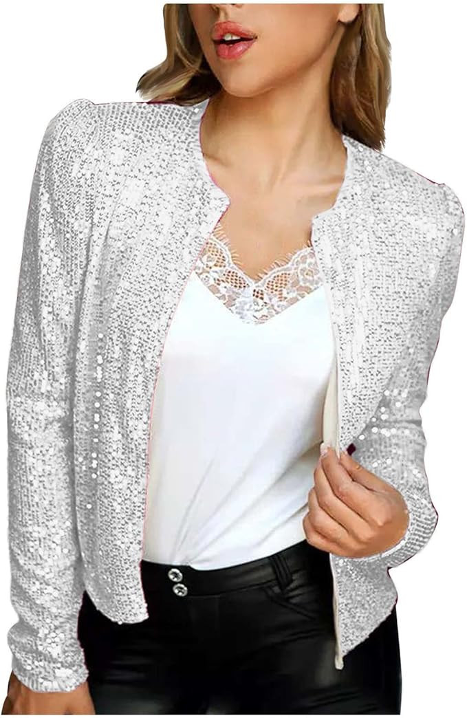 Glitter Sequin Cardigans for Women Long Sleeve Open Front Sparkle Jackets Going Out Cute Shimmer ... | Amazon (US)